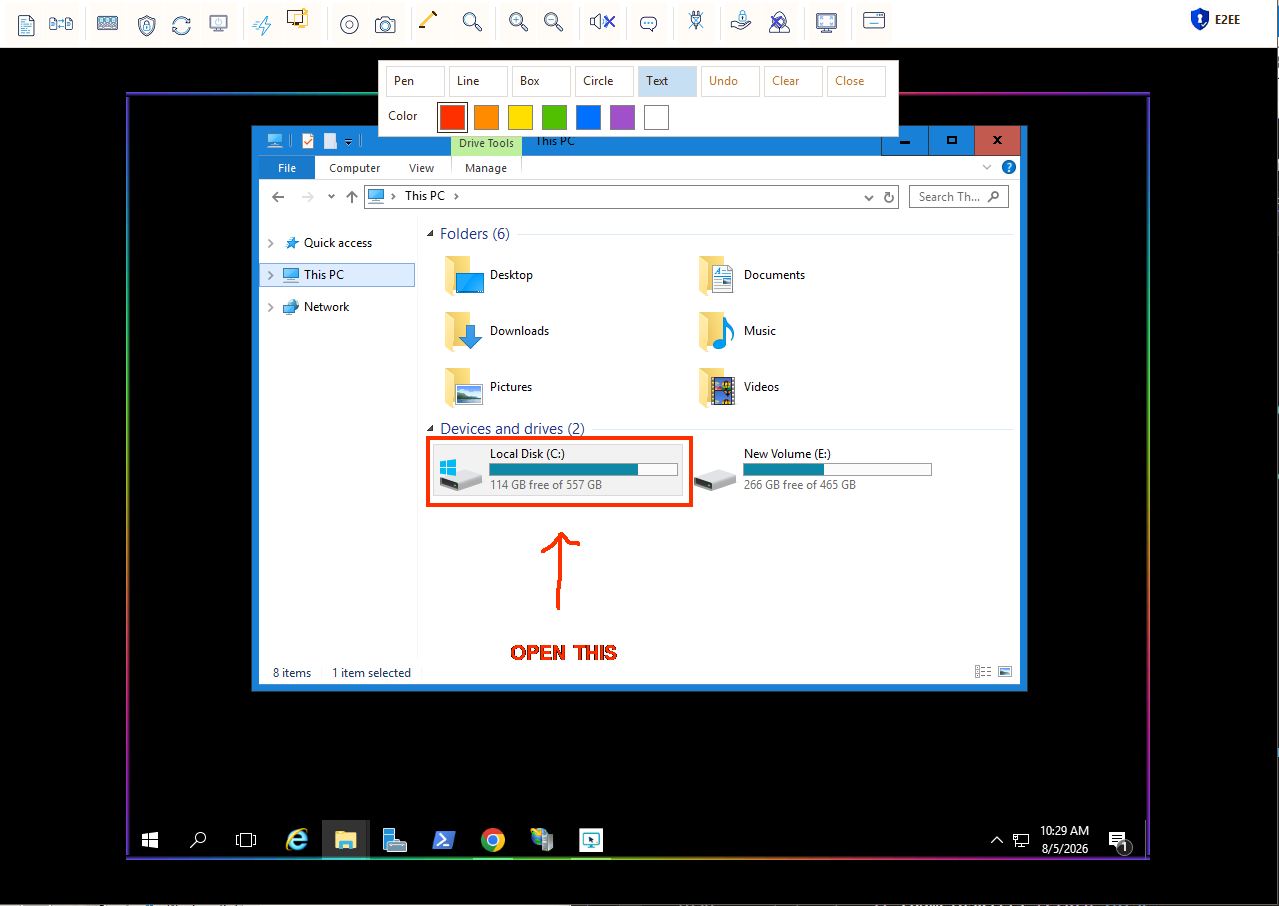Screensie remote session with annotation tools drawing a box, arrow and text on the destination screen