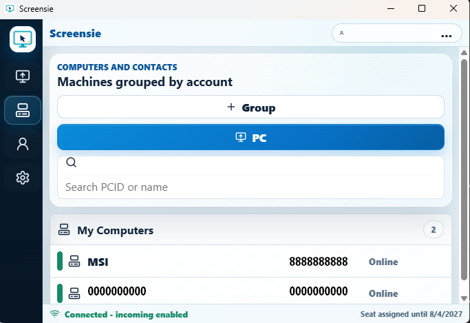Screensie client showing saved computers organized in a searchable group