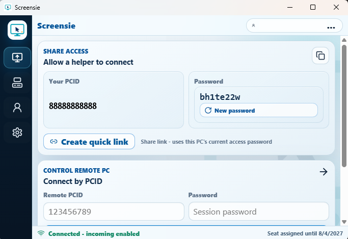 Screensie client showing a PCID, password, quick-link button, and connect form