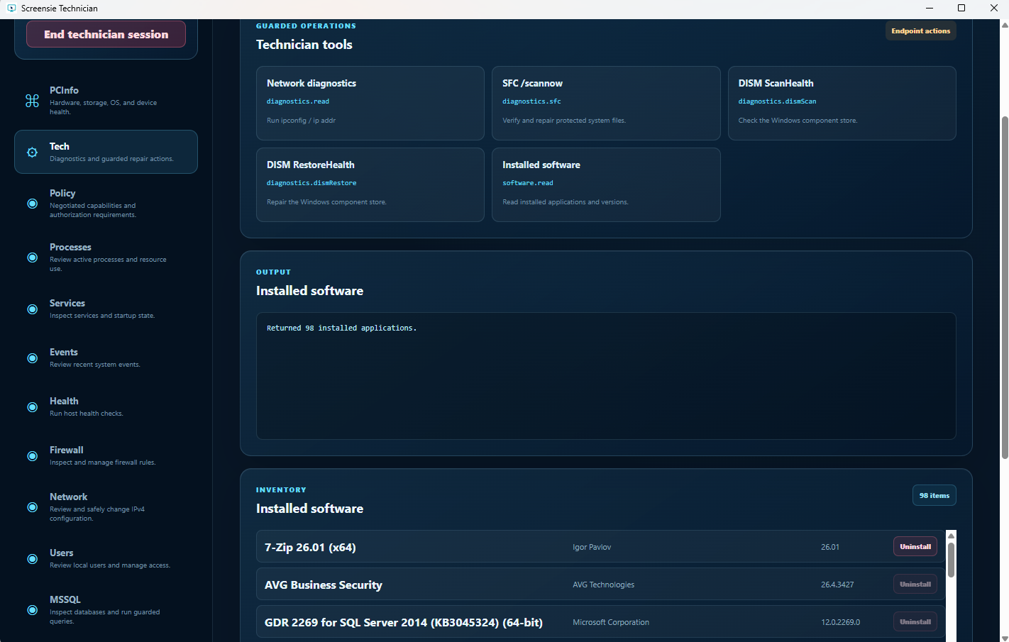 Command Center installed-software list