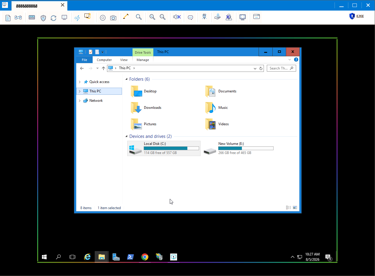 Screensie Remote Control viewer showing a Windows desktop and session tools