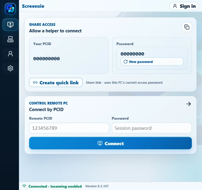Screensie Client demo with all-zero PCID and password
